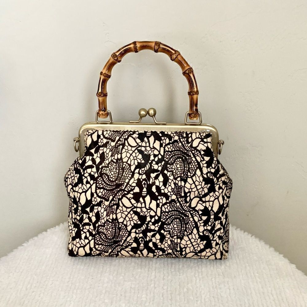 Handmade Real hair-on-horsehide Black Lace Printed Metal Frame Bamboo Handle Bag